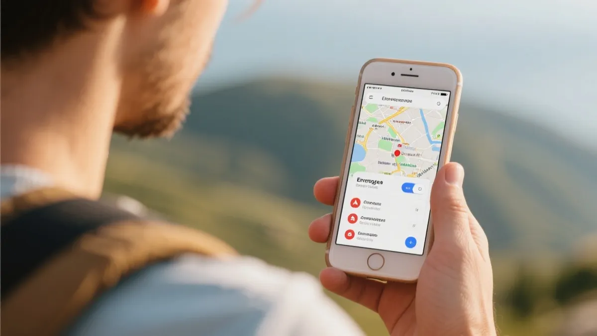 球迷在手机地图上查看路线与紧急联系方式的近景
