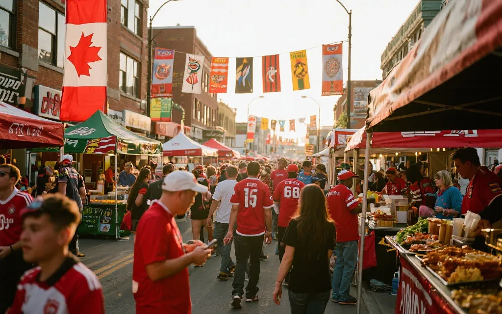 世界杯期间的城市街区与球迷文化氛围，体现旅游体验与商业街景