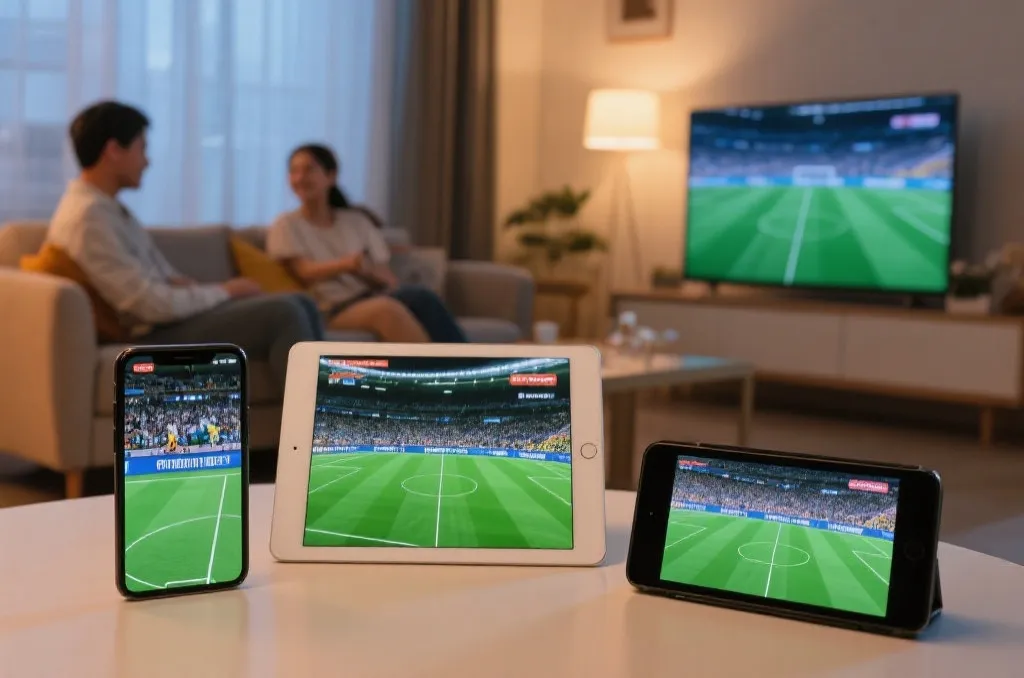 客厅电视和手机同步观看足球比赛的场景